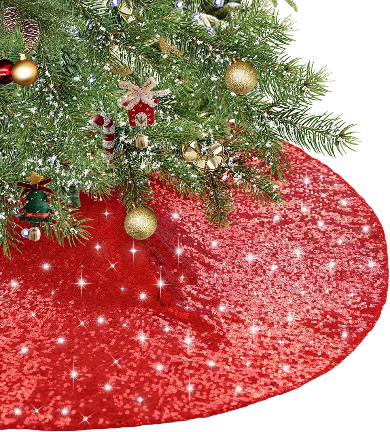 Eternal Beauty Christmas Tree Skirt, 50 Inch Red Sequin Tree Skirt Small Xmas Tree Skirt for Christmas Tree Decorations
