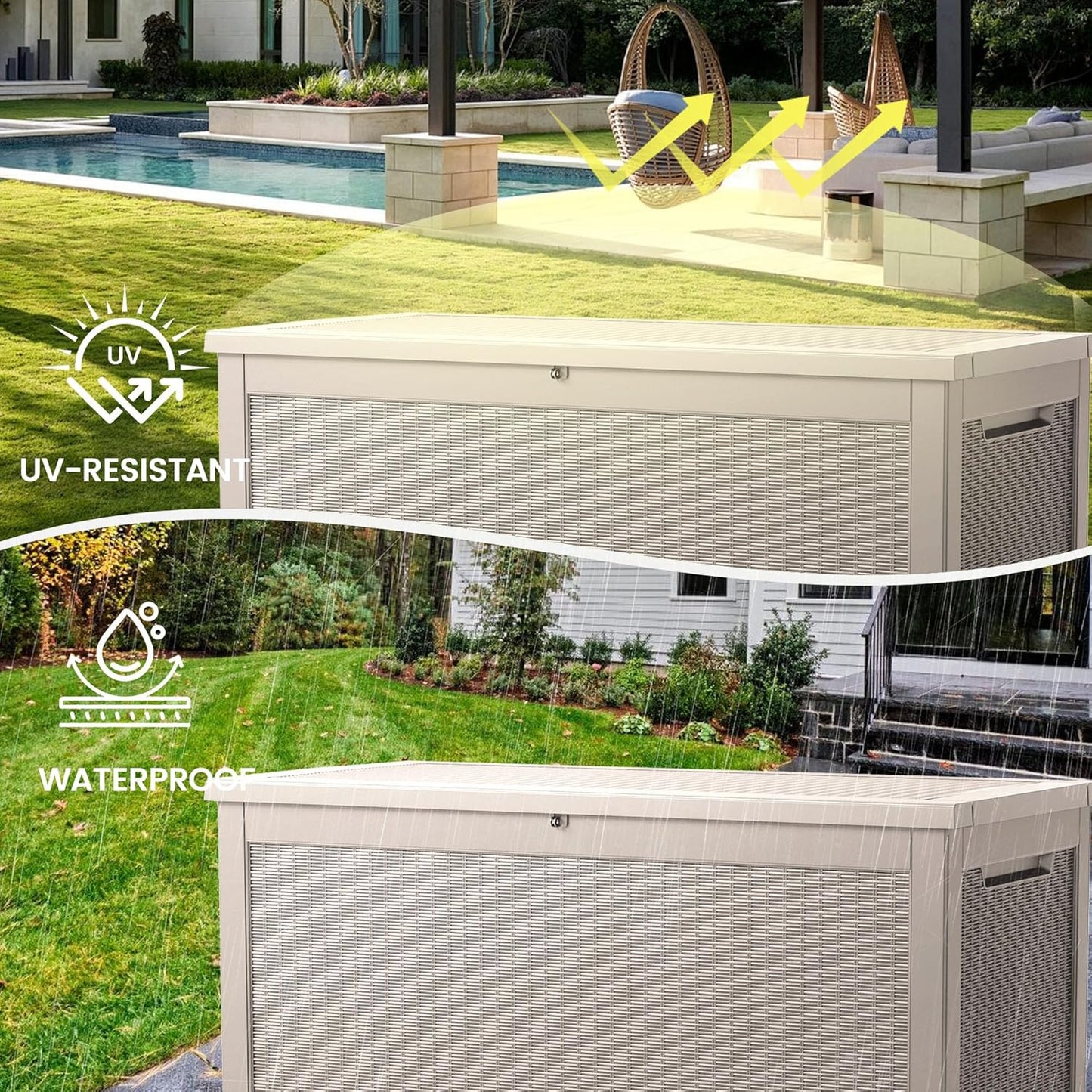 260 Gallon Storage Box, Waterproof Resin Deck Box with Steel Support & Hydraulic Rod, Lockable Storage Bench for Indoor & Outdoor Use, Storage Bin for Patio Cushions, Garden Tools, Grey