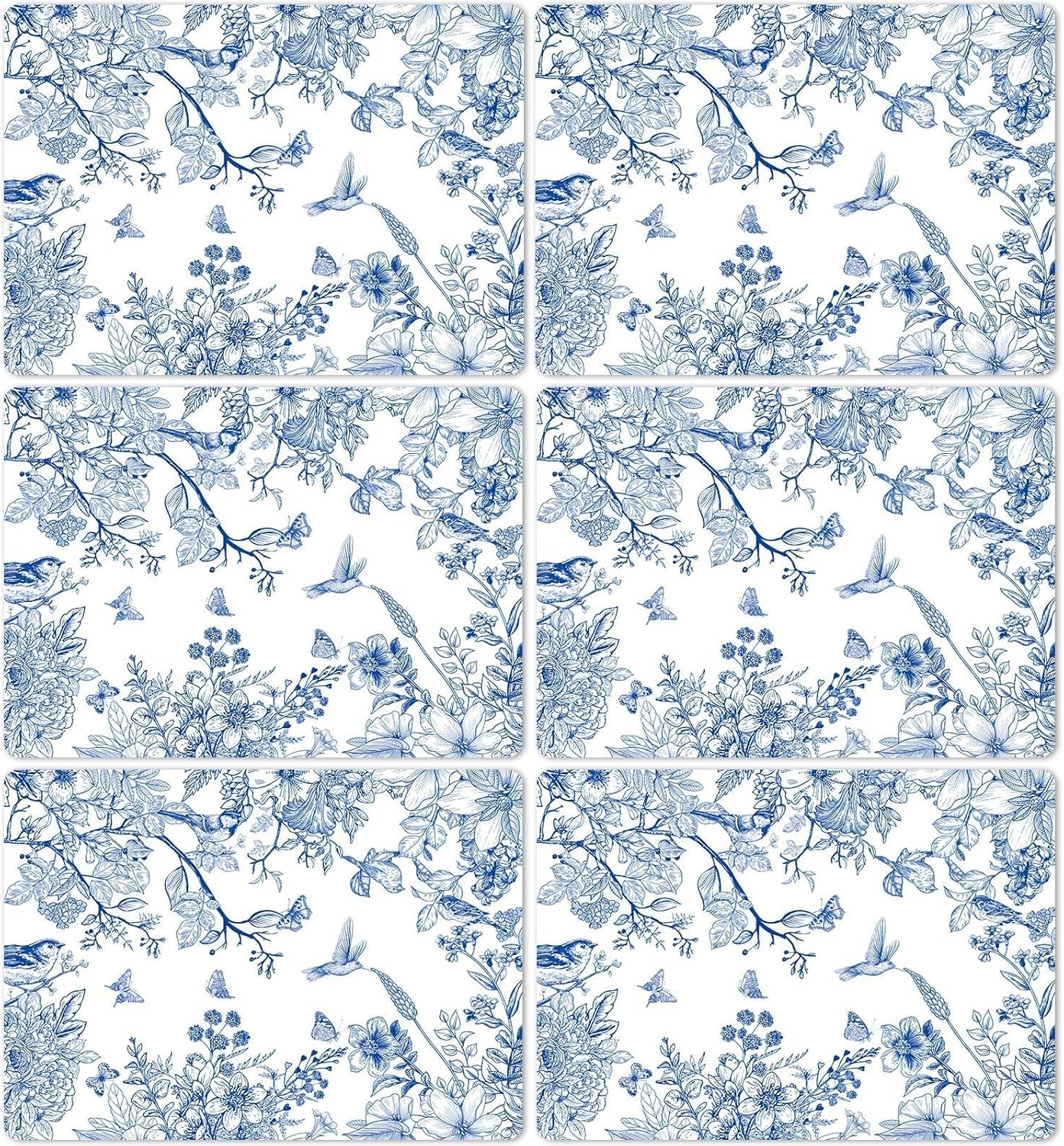 Blue Floral Placemats Set of 6 Flower Bird Plastic Table Mats Seasonal Spring Placemats Chinoiserie Place Mats Rustic Vintage Table Decoration for Indoor Outdoor Party Kitchen Dining
