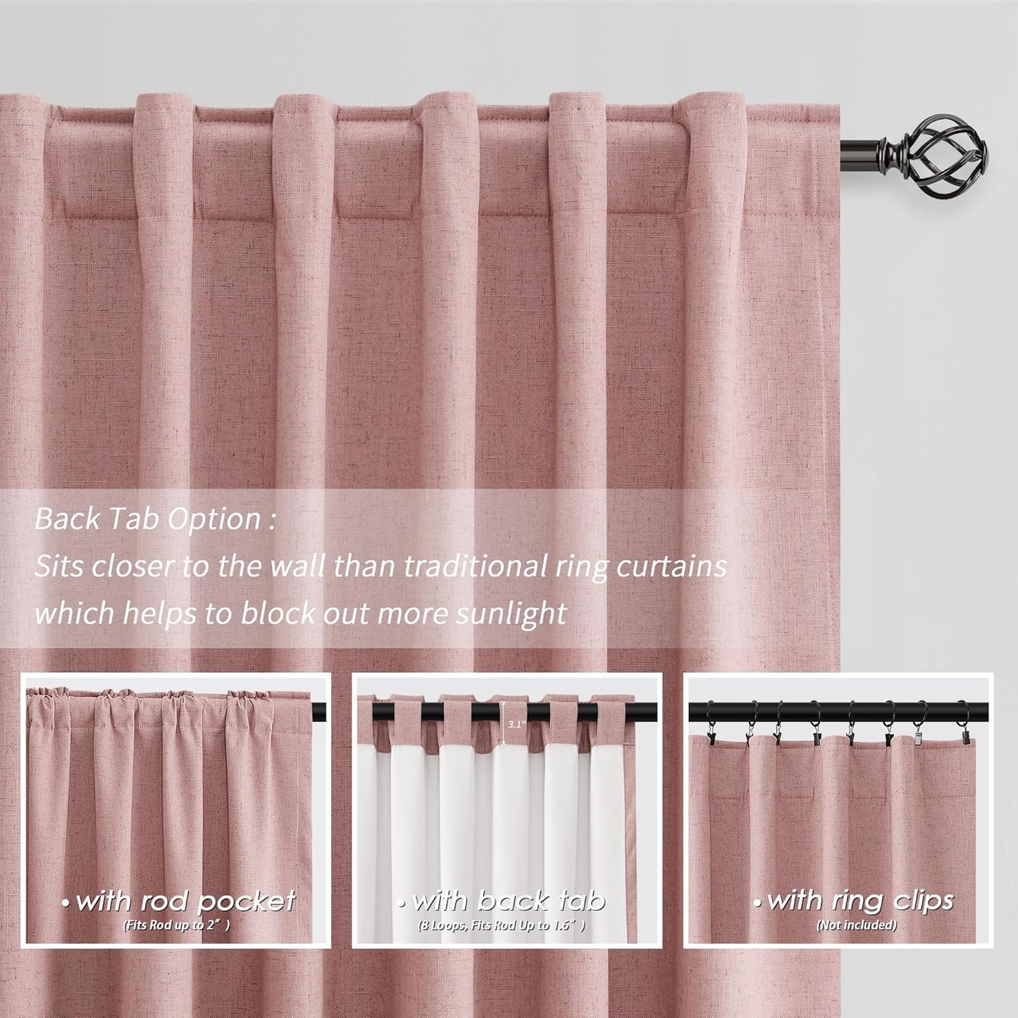 BOODII 108 Inch Black Out Curtains 2 Panels Set Back Tab Thermal Insulated Blush Pink Linen Textured Blackout Curtains Noise Reducing for Farmhouse Living Room Darkening Window Drapes 52x108