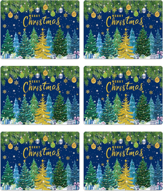 Christmas Pine Trees Placemats Set of 6 Plastic Table Mats Xmas Ball Ornaments Snowflakes Place Mats Holiday Pine Trees Winter Table Decoration for Indoor Outdoor Party Kitchen Dining