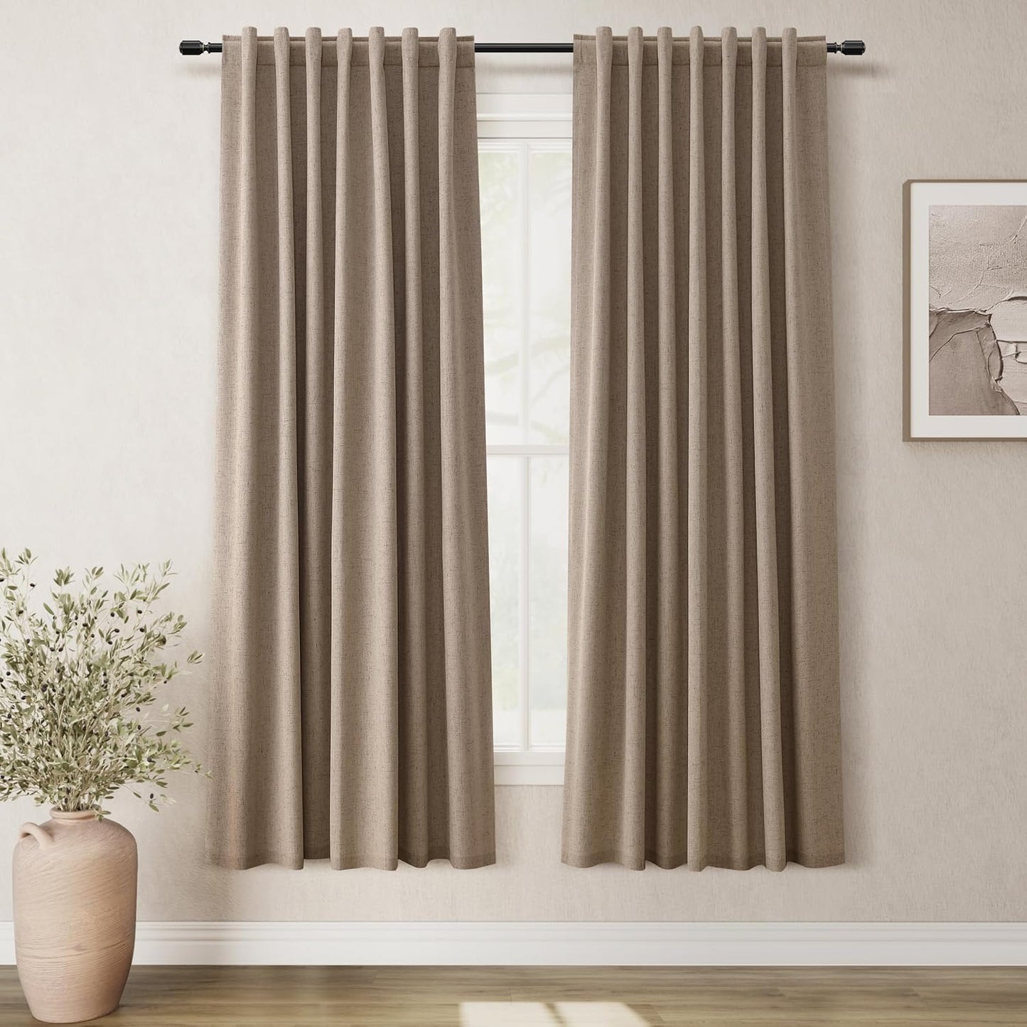 BOODII Linen Blackout Curtains for Bedroom 72 Inch Length 2 Panels Set Room Darkening Curtains Brown Black Out Curtain Neutral Thermal Insulated Living Room Winter Window Drapes Back Tab 52x72