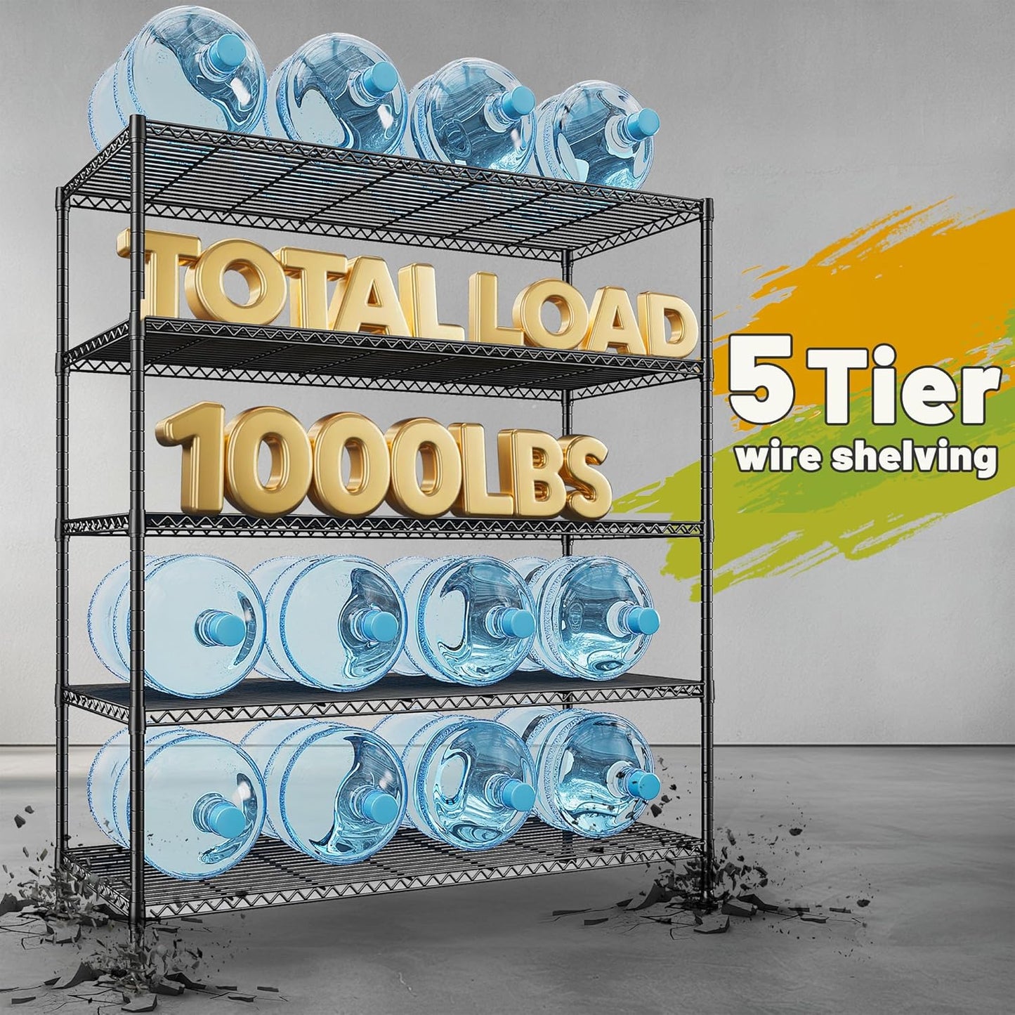 REIBII 45.5''W Storage Shelves Wire Shelving, 5 Tier Pantry Shelves for Storage Rack, Adjustable Metal Shelving for Pantry Kitchen Steel Shelving, 45.5" W x 71" H x 17.7" D