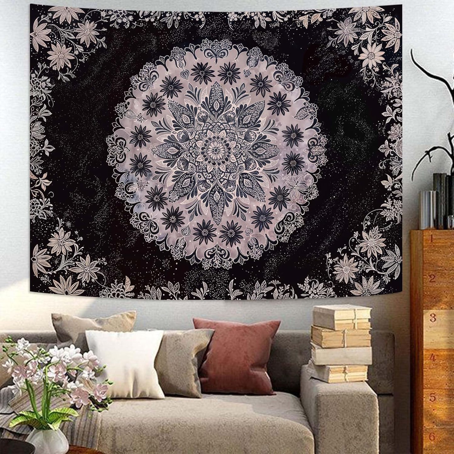 Fowocu Boho Floral Mandala Tapestry Wall Hanging Grey Bohemian Flower Medallion Tapestry Aesthetic Gray Black Hippie Indian Small Tapestries for Bedroom Living Room Dorm Decor 40 x 30 Inch