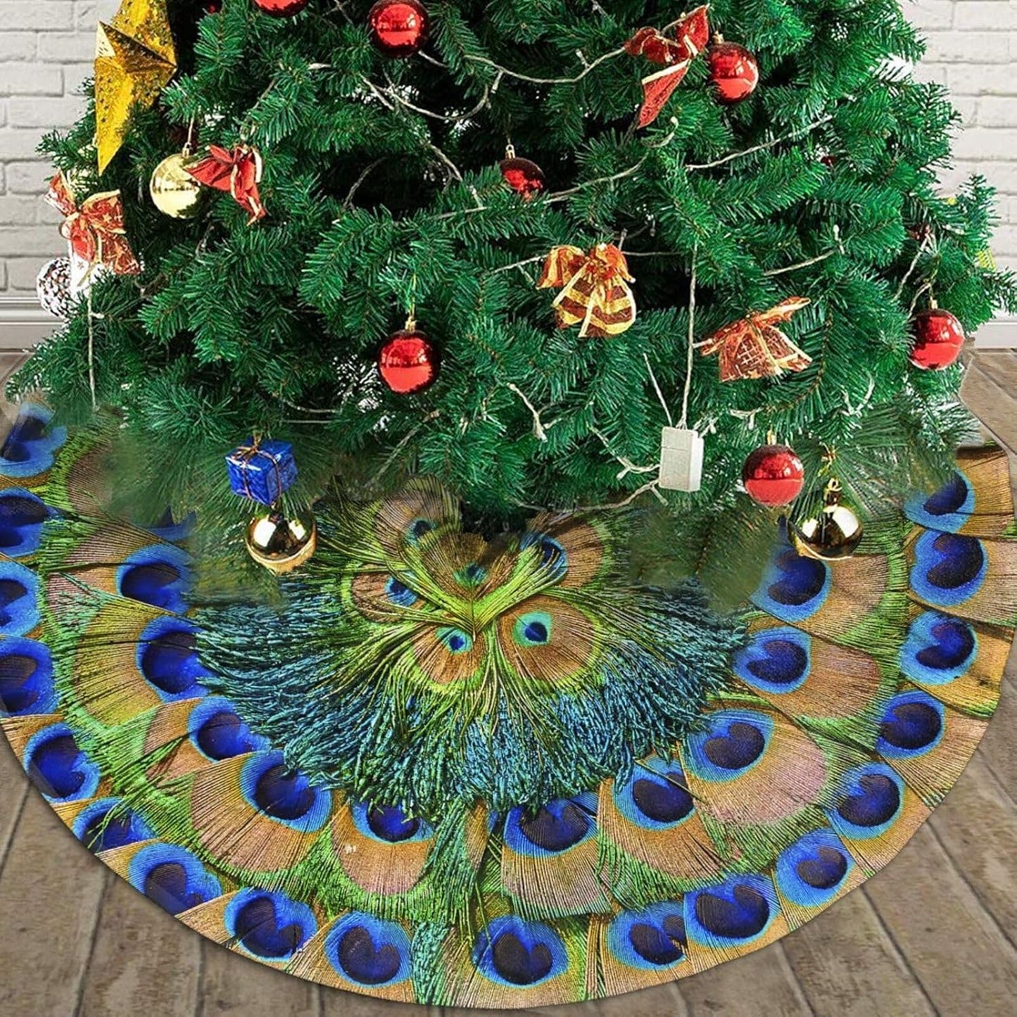Christmas Tree Skirt,Peacock Feathers Circle Xmas Tree Skirt Rustic Farmhouse Tree Skirt for Christmas Decor Xmas Holiday Home Party Decorations30