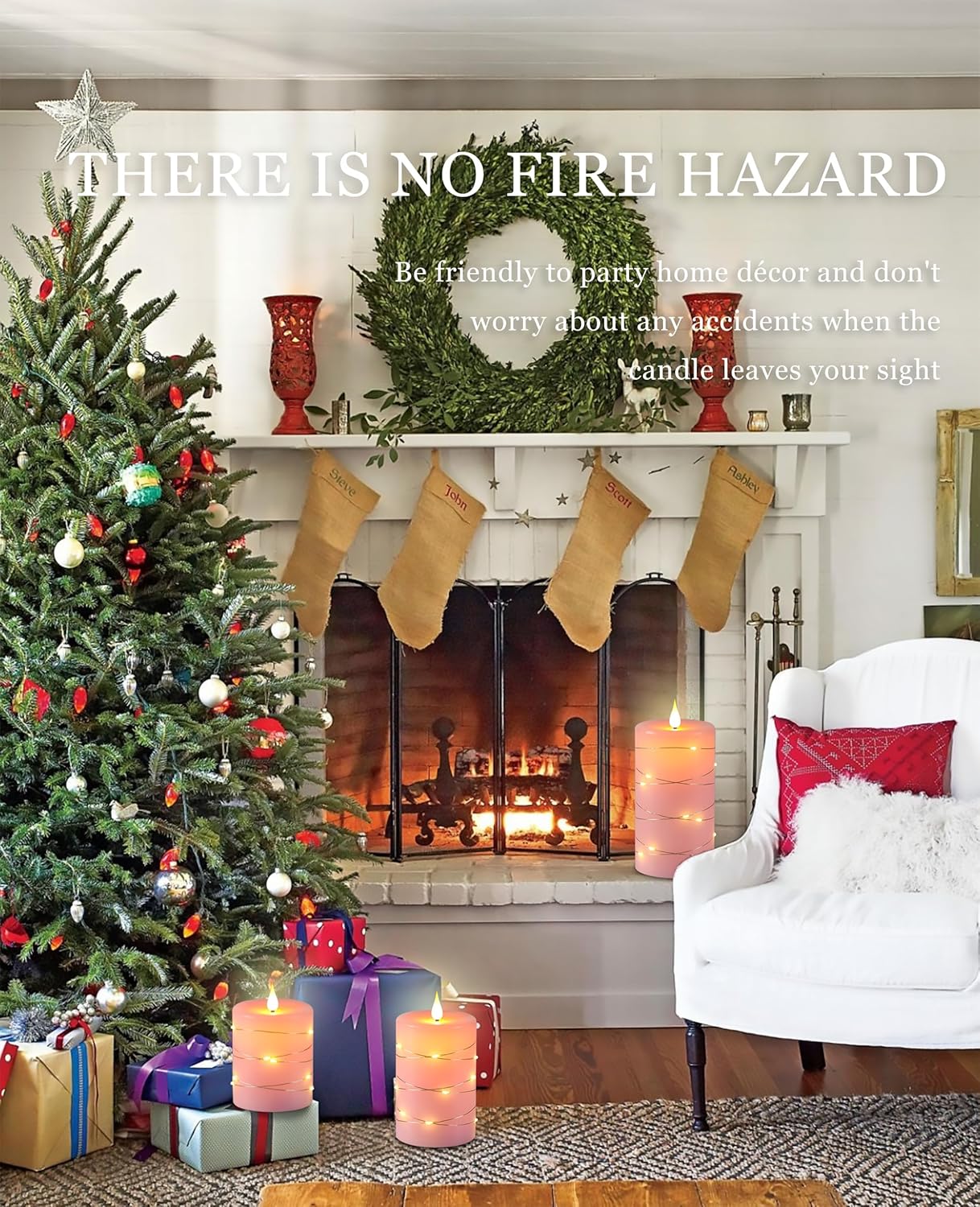 Pink Flameless Candles with String Lights Battery Operated Flickering LED Pillar Candles 4‘’ 5‘’ 6‘’ Candle with Remote Control, Set of 3