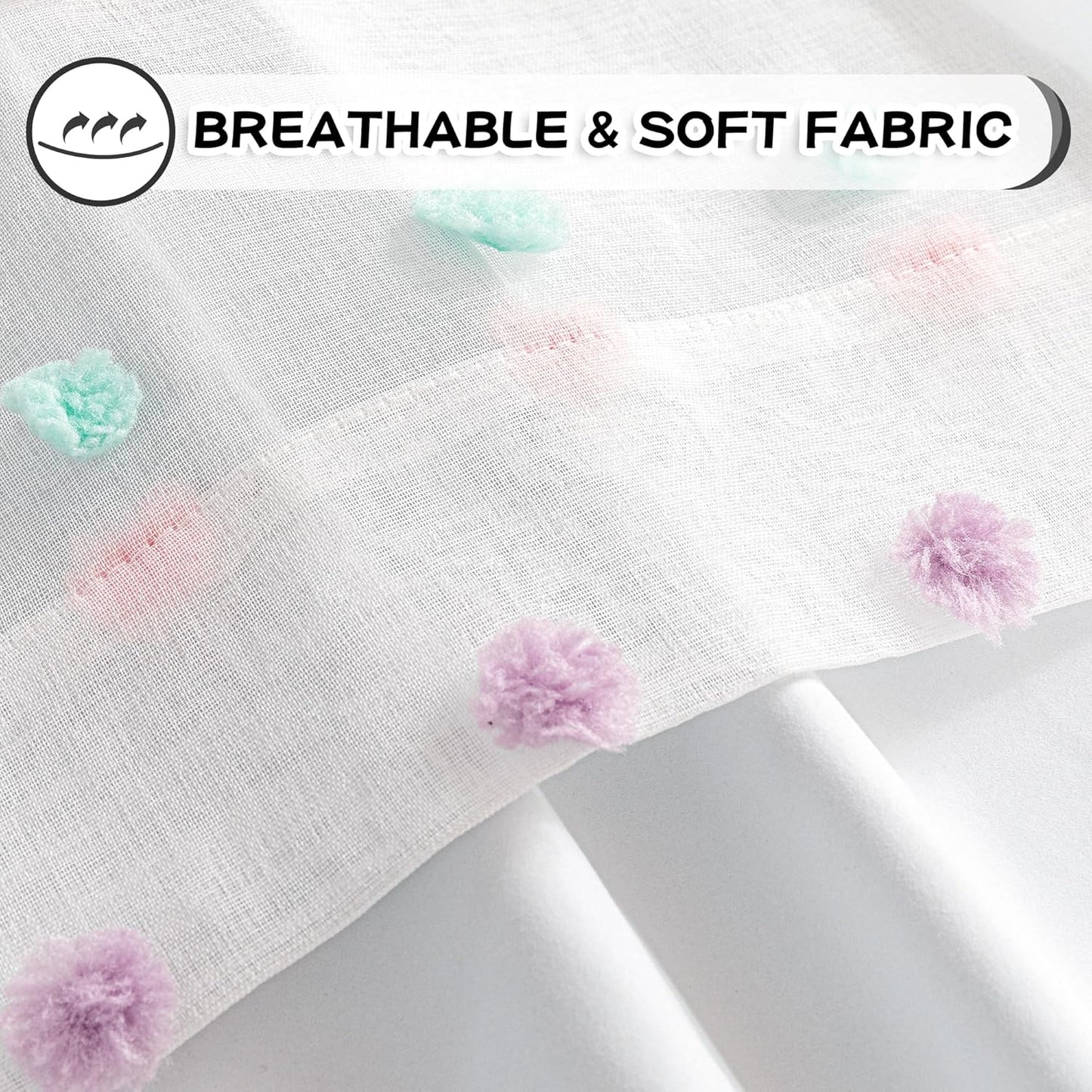 MYSKY HOME Total Blackout Curtains for Living Room 95 Inch Long 100% Light Blocking Curtains for Bedroom 2 Panels Set Privacy Protect Grommet 2 Layered Drapes with Rainbow Pom Pom Sheer 52W x 95L