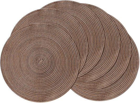 Leetaltree Round Placemats Heat and Slip Resistant Cotton Table Mats, Washable Bohemian Placemats for Dining Tables (Brown, Set of 6)