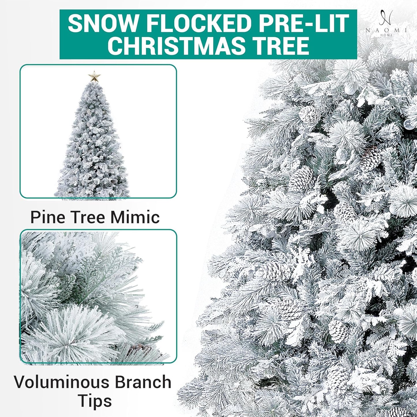 Darla 9ft Snow Flocked Prelit Artificial Christmas Tree with Star Projector, 58 Pine Cones, 1612 Branch Tips, 720 Warm Lights and Metal Stand, 58" Wide Snowy Frosted Pine Christmas Tree with Lights