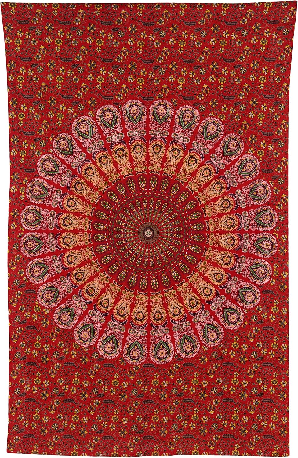 Bless International Handmade Indian hippie Bohemian Psychedelic Peacock Mandala Wall hanging College Dorm Beach Throws Table Cloth Bedding Tapestry (Golden Red, Twin(54x72Inches)(140x185cms))
