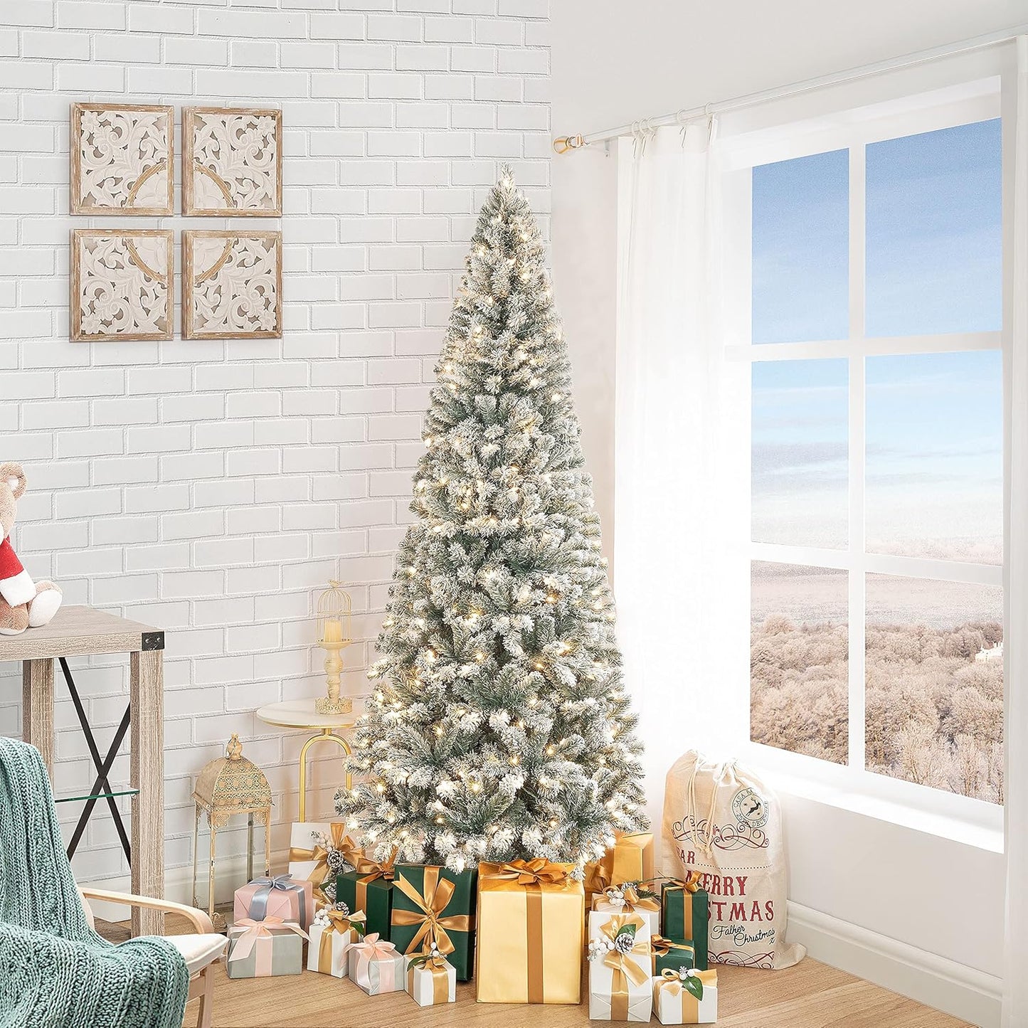 Naomi Home Salzburg 6.5ft Frosted Prelit Slim Artificial Christmas Tree with 864 Branch Tips, 250 Warm Lights and Metal Stand, 30" Wide Realistic Snow Flocked Skinny Pencil Christmas Tree