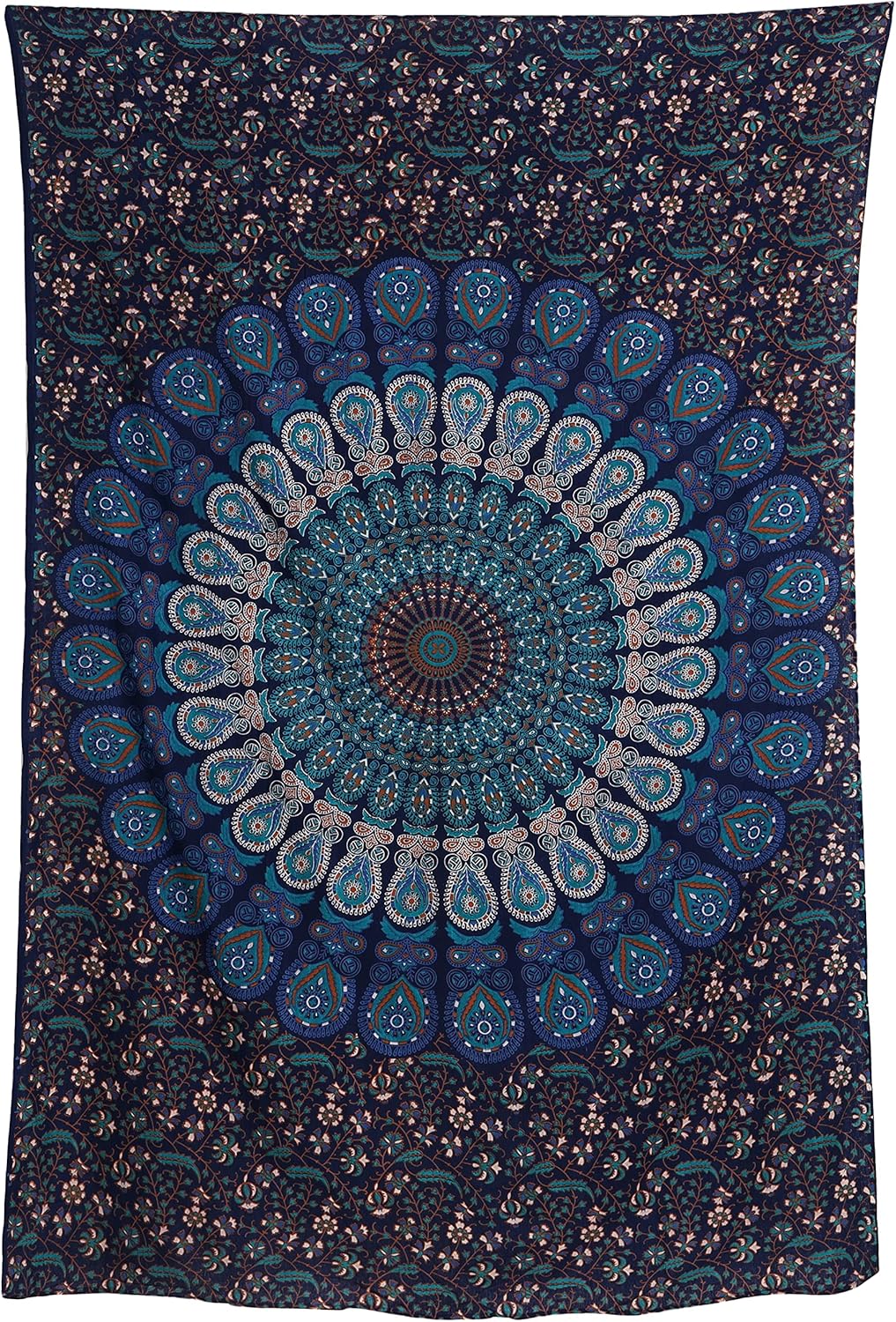 Bless International Handmade Indian hippie Bohemian Psychedelic Peacock Mandala Wall hanging College Dorm Beach Throws Table Cloth Bedding Tapestry (Blue Green, Twin(54x72Inches)(140x185cms))