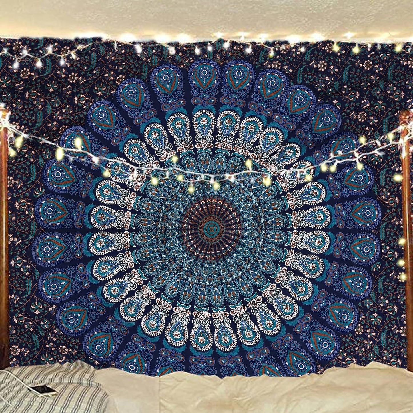 Bless International Handmade Indian hippie Bohemian Psychedelic Peacock Mandala Wall hanging College Dorm Beach Throws Table Cloth Bedding Tapestry (Blue Green, Poster(30x40Inches)(76x101cms))