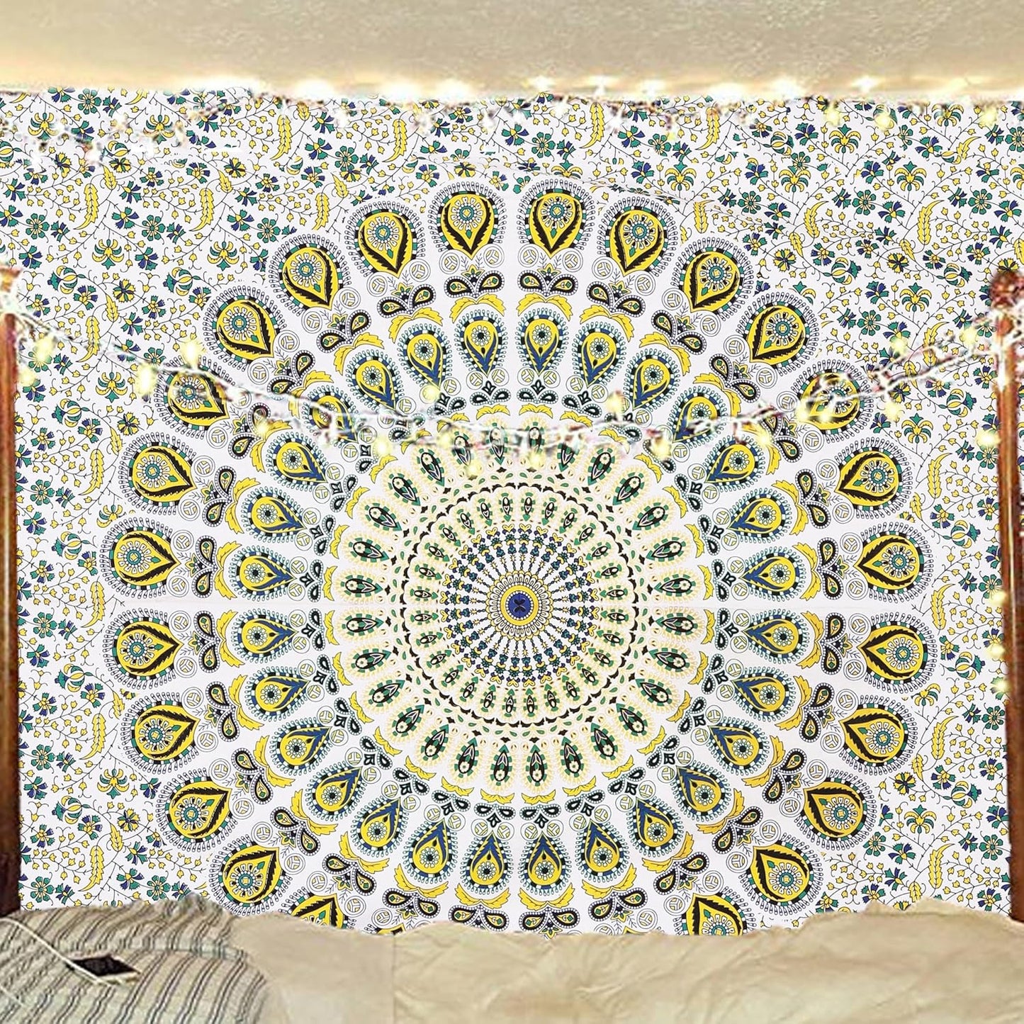 Bless International Handmade Indian hippie Bohemian Psychedelic Peacock Mandala Wall hanging College Dorm Beach Throws Table Cloth Bedding Tapestry (Yellow Green, Twin(54x72Inches)(140x185cms))