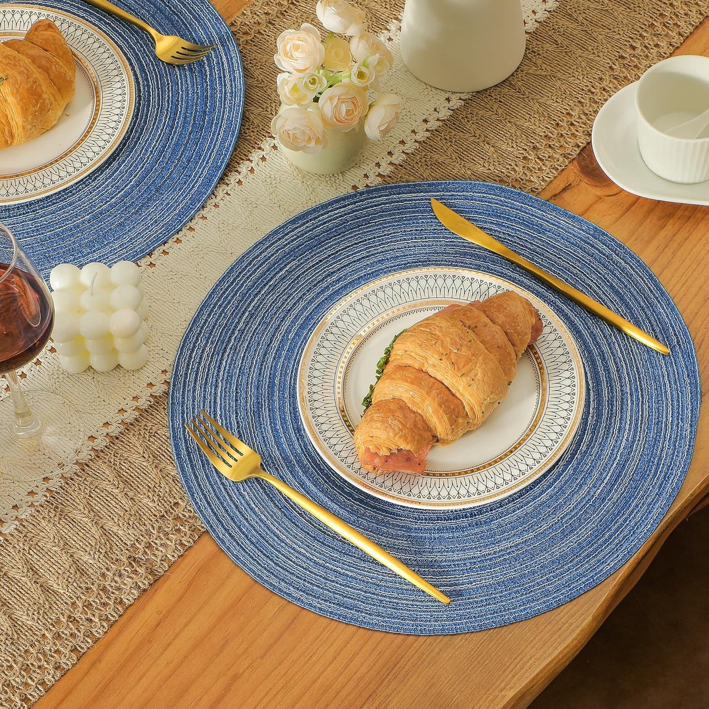 Leetaltree Round Placemats Heat and Slip Resistant Cotton Table Mats, Washable Bohemian Placemats for Dining Tables (Denim Blue, Set of 6)