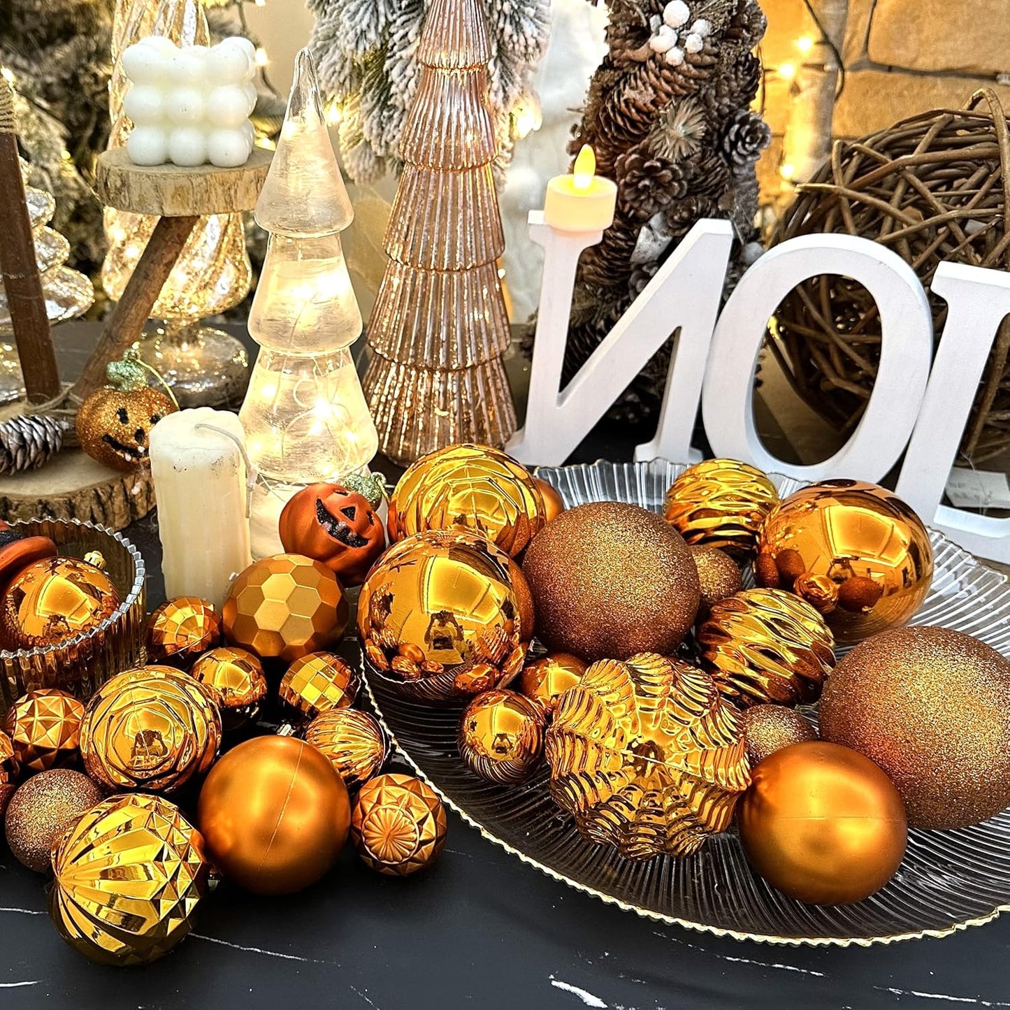 XmasExp 24ct Christmas Ball Ornaments Set Yellow Shatterproof Xmas Tree Hanging Decorations Perfect for Fall Thanksgiving Holiday Decor (Orange, 2.36")