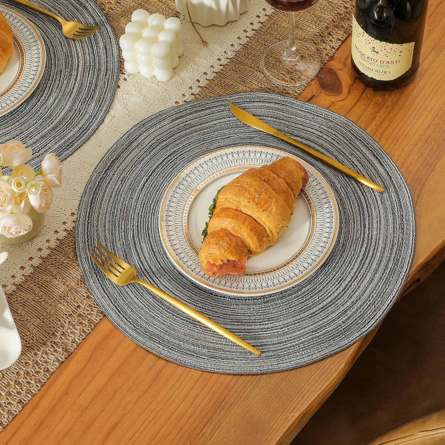 Leetaltree Round Placemats Heat and Slip Resistant Cotton Table Mats, Washable Bohemian Placemats for Dining Tables (Charcoal, Set of 4)