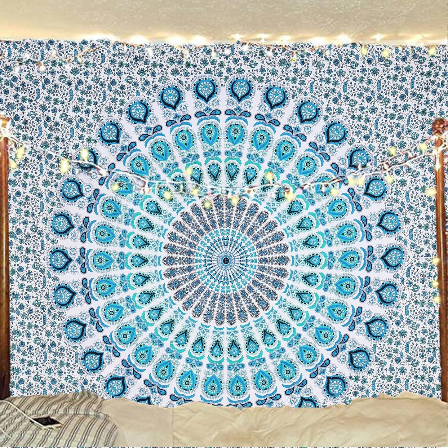 Bless International Handmade Indian hippie Bohemian Psychedelic Peacock Mandala Wall hanging College Dorm Beach Throws Table Cloth Bedding Tapestry (Peacock Sky Blue, Queen(84x90Inches)(215x230Cms))