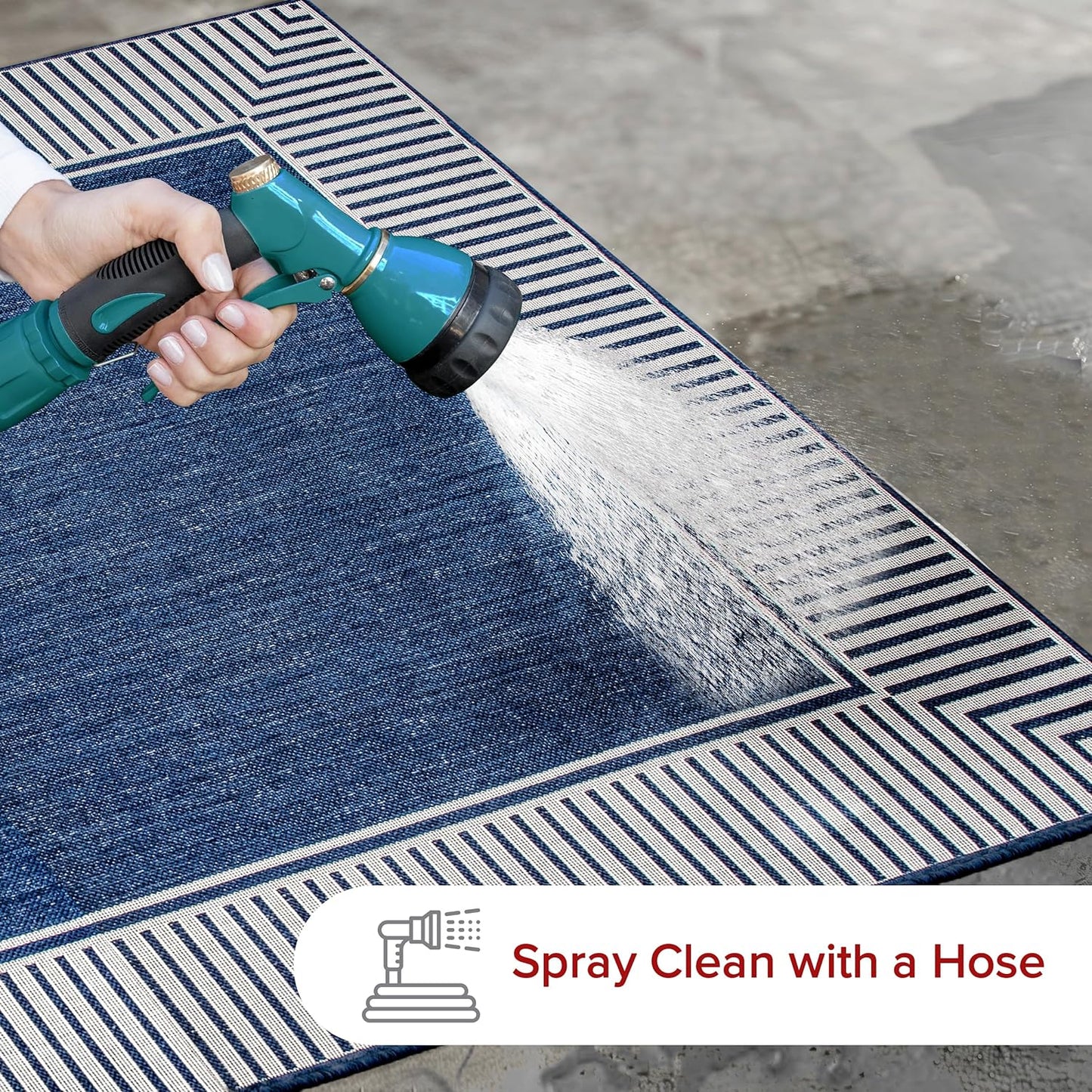 nuLOOM 2' x 8' Outdoor Area Rug, Casual Design With Striped Border, Stain Resistant, Highly Durable, For Patio, Balcony, Bedroom, Living Room, Dining Room, Bathroom, Navy