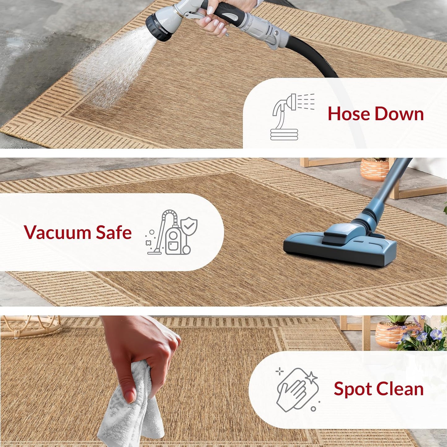 nuLOOM 5' x 8' Outdoor Area Rug, Casual Design With Striped Border, Stain Resistant, Highly Durable, For Patio, Balcony, Bedroom, Living Room, Dining Room, Bathroom, Light Brown