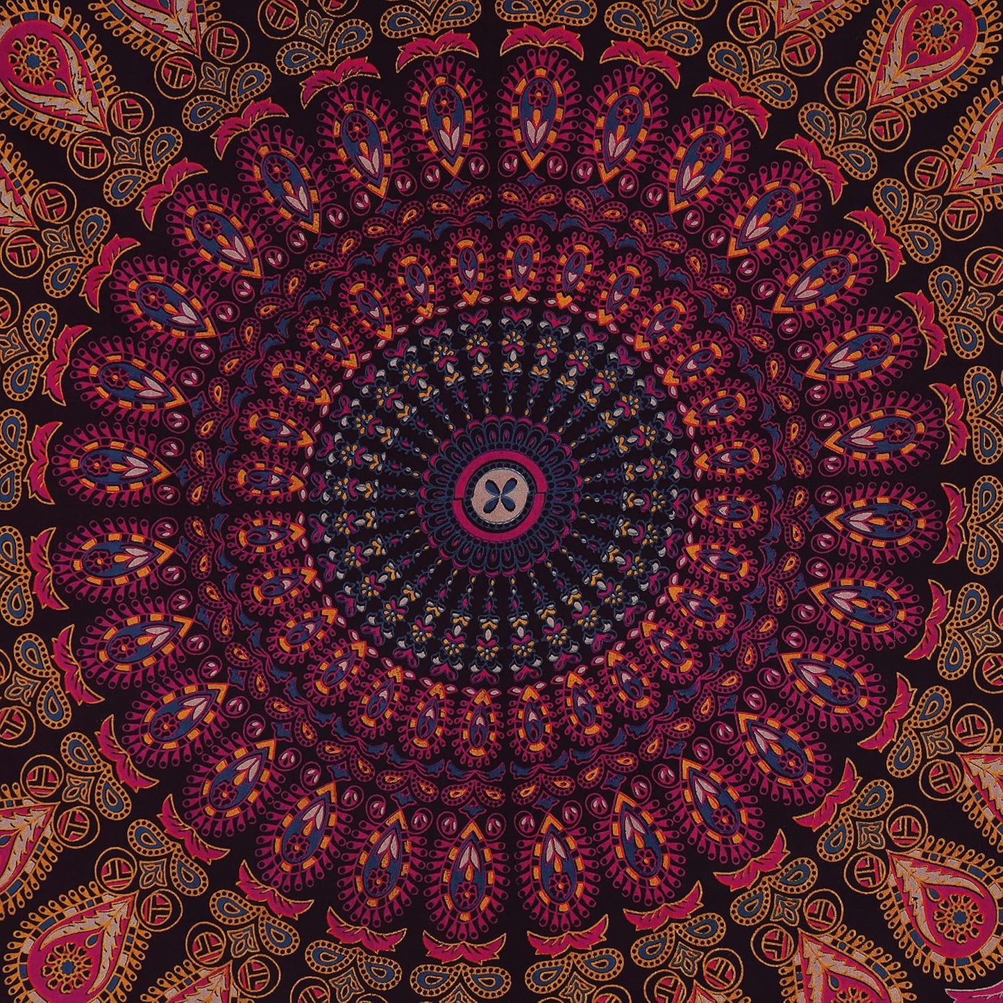 Bless International Handmade Indian hippie Bohemian Psychedelic Peacock Mandala Wall hanging College Dorm Beach Throws Table Cloth Bedding Tapestry (Golden Pink Blue, Twin(54x72Inches)(140x185cms))